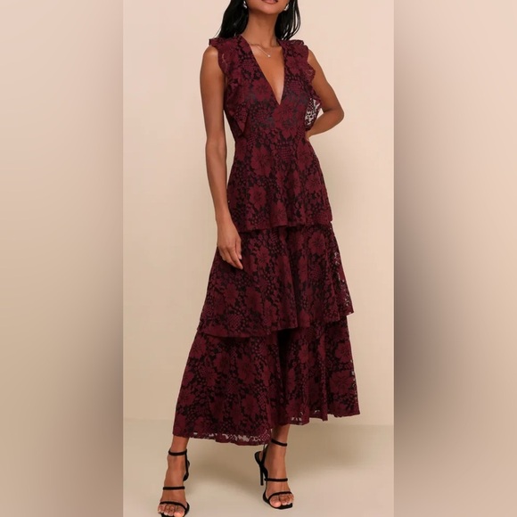 Lulus Molinetto Burgundy Lace Ruffled Tiered Sleeveless Maxi Dress - Picture 1 of 8